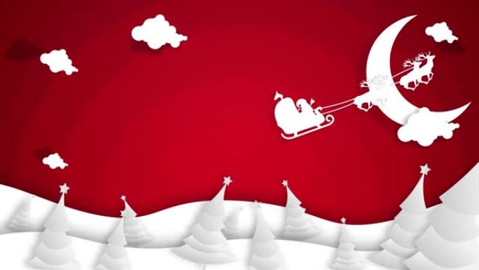 动画圣诞快乐背景，复制空间，圣诞老人，松树，月亮和云，红色背景上有剪纸效果