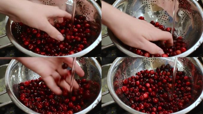 高加索妇女的手用金属漏勺在流水下洗小红莓