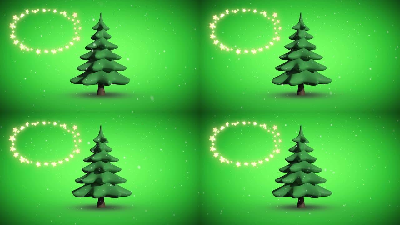 绿色背景上有复制空间和圣诞树的仙女灯框架动画