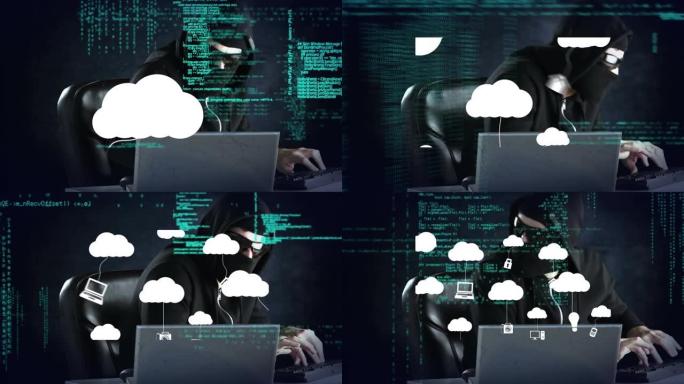 使用笔记本电脑和数据处理在黑客上使用图标的云动画