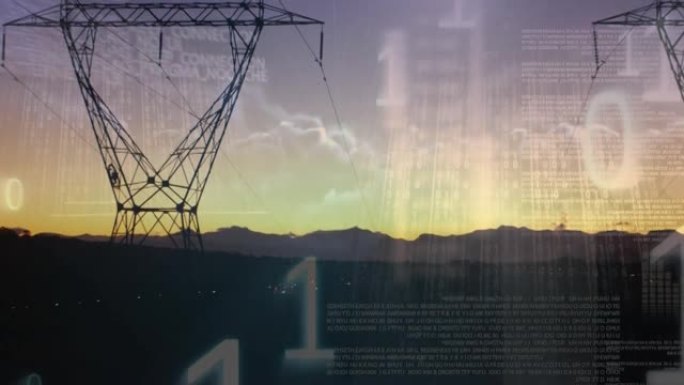 使用电塔在景观上进行数据处理和二进制编码的动画