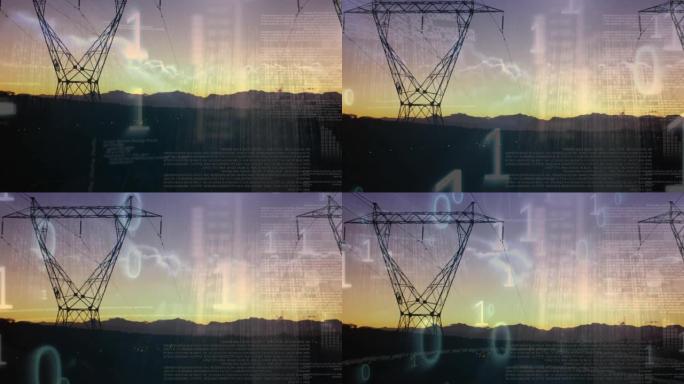 使用电塔在景观上进行数据处理和二进制编码的动画