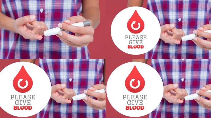 动画给血文字与箭头在液滴标志上方的人采取针刺血液测试