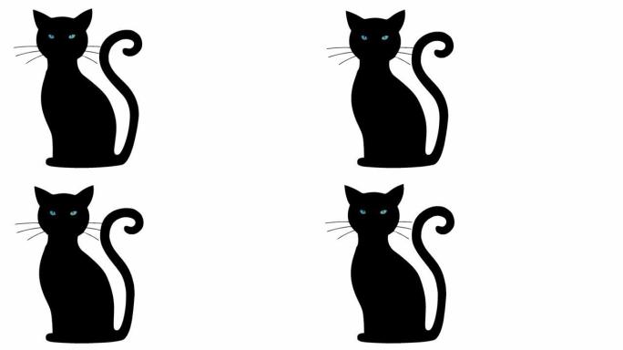 动画明亮的蓝色猫眼隔离在左上方框架的透明阿尔法通道背景上。阿尔法通道。万圣节角色动物