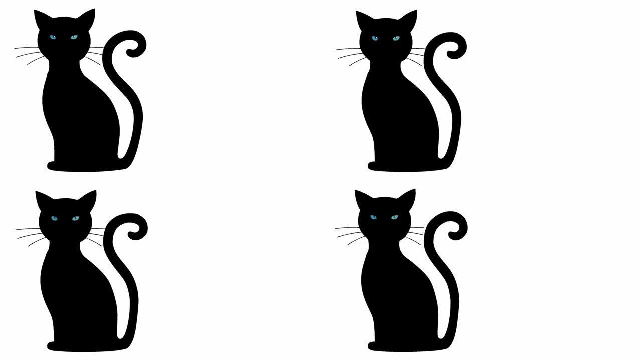 动画明亮的蓝色猫眼隔离在左上方框架的透明阿尔法通道背景上。阿尔法通道。万圣节角色动物