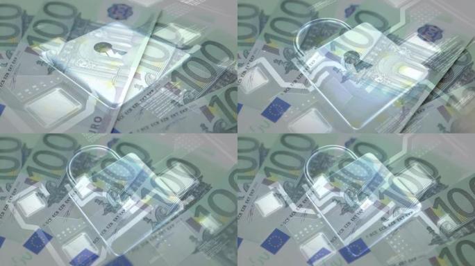 集成电路和安全挂锁在手堆叠欧元钞票上的动画