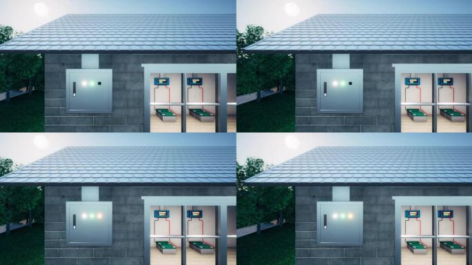 eco house的3d渲染，以在夜间产生，充电和供电。