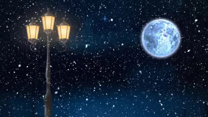 圣诞节时雪落在路灯和月亮上的动画