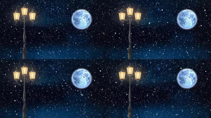 圣诞节时雪落在路灯和月亮上的动画