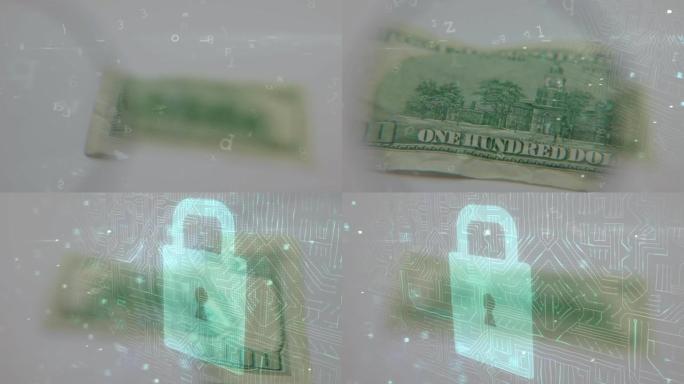 美元钞票上集成电路和安全挂锁的动画