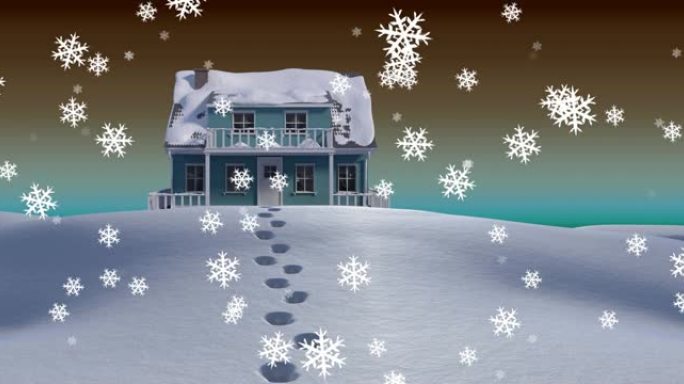 圣诞节雪花落在积雪覆盖的房屋和田野上的动画