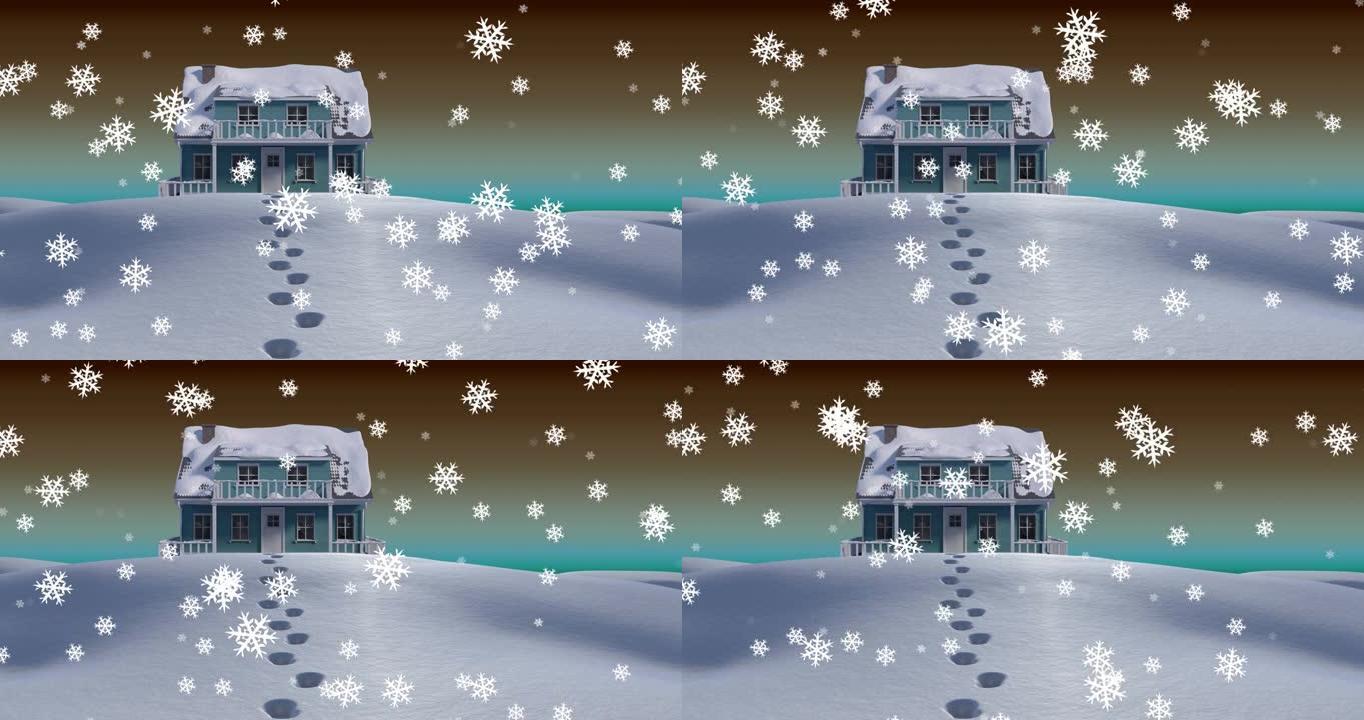 圣诞节雪花落在积雪覆盖的房屋和田野上的动画