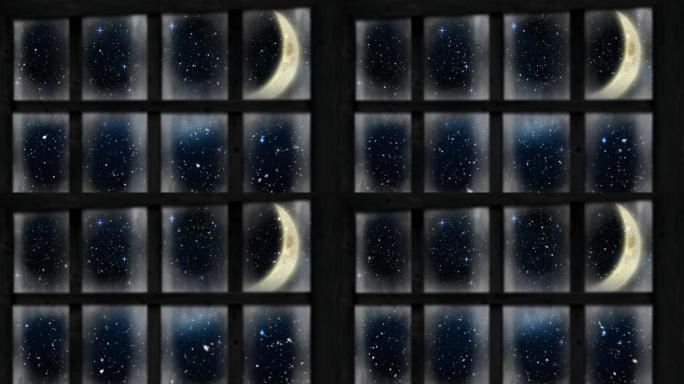 透过窗户看到的冬季风景中雪花落在新月上的动画