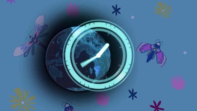 带有时钟面的扫描仪动画在发光的蓝色地球仪和蓝色背景上的昆虫