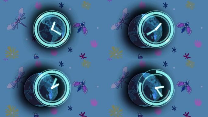 带有时钟面的扫描仪动画在发光的蓝色地球仪和蓝色背景上的昆虫