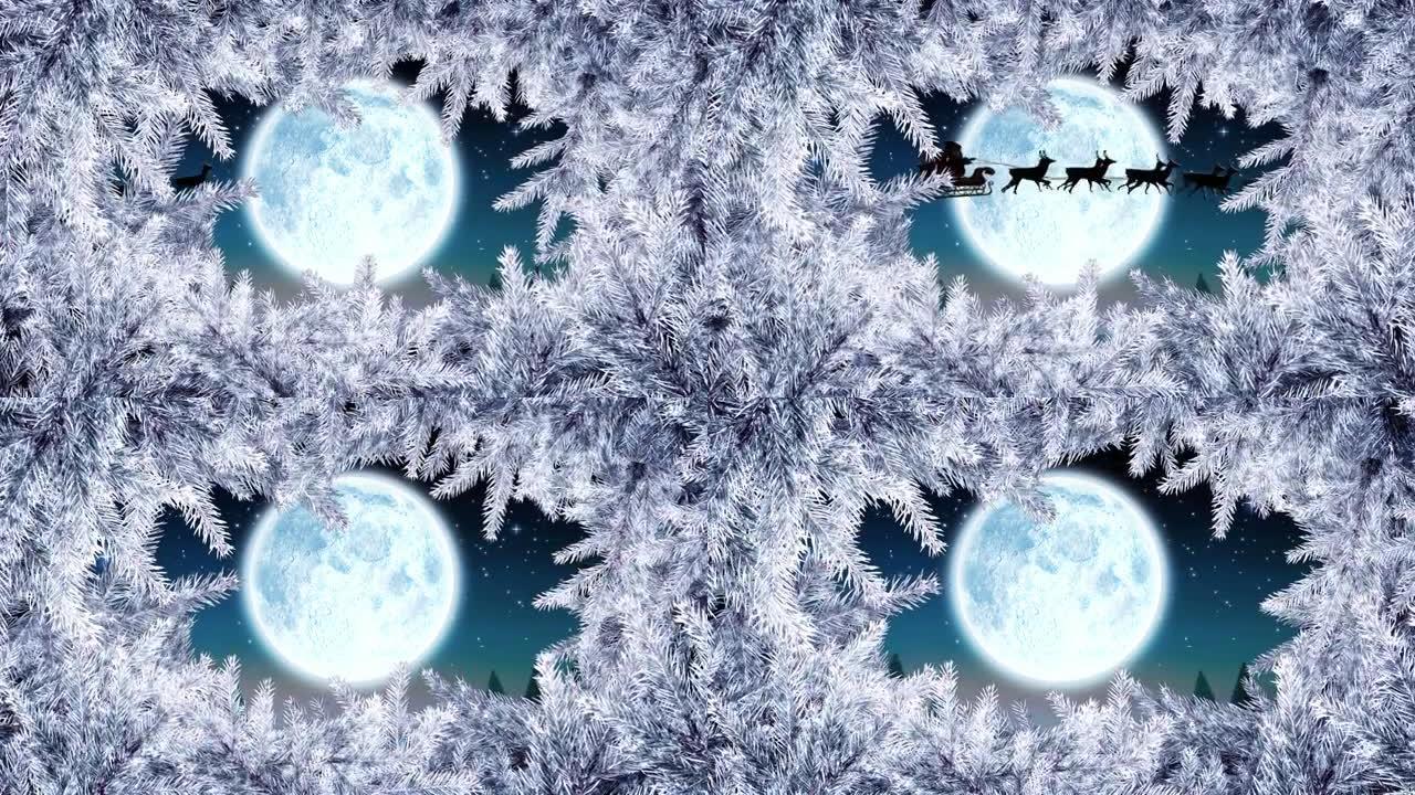 圣诞节白色冷杉树框和满月圣诞老人雪橇动画