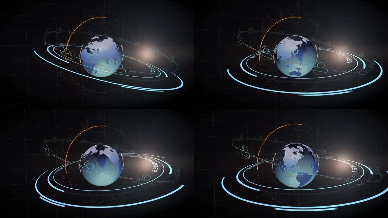 黑色背景上带有图标的地球仪动画