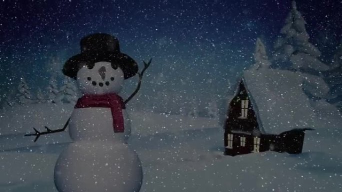 雪落在雪人，房屋和冬季景观上的动画