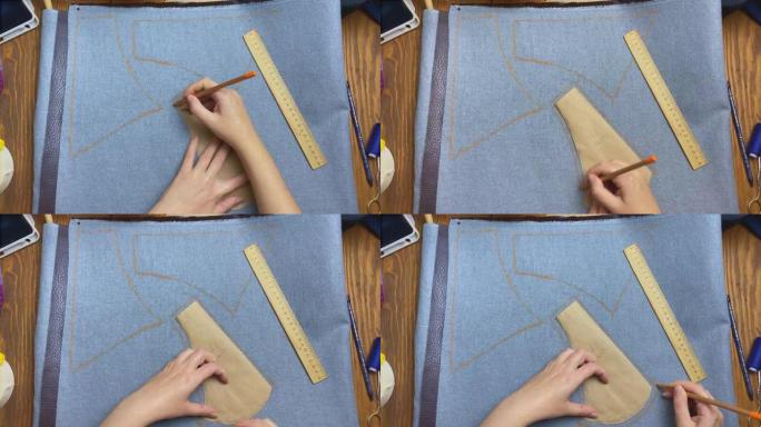 妇女的手用铅笔在生态皮革上绘制牛皮纸图案。