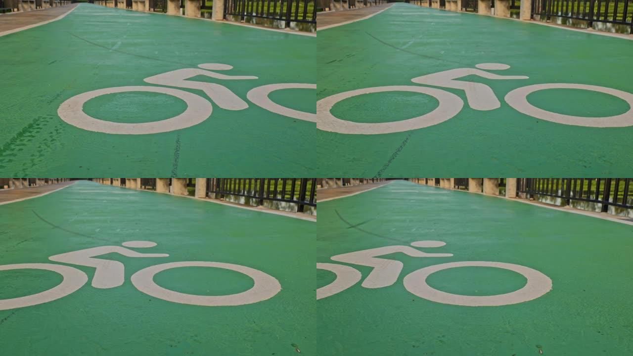 白色涂漆的自行车道标志着绿色人行道，由多莉拍摄