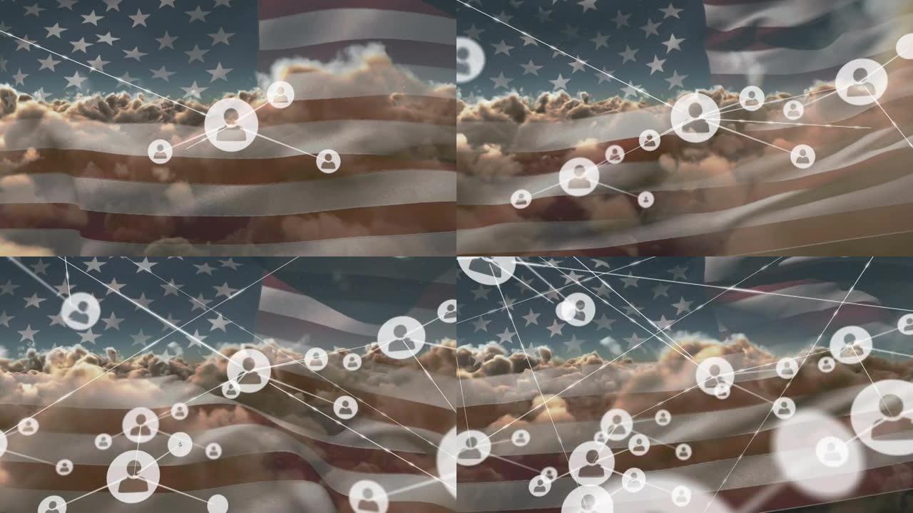 美国国旗和多云天空上的连接和图标网络动画