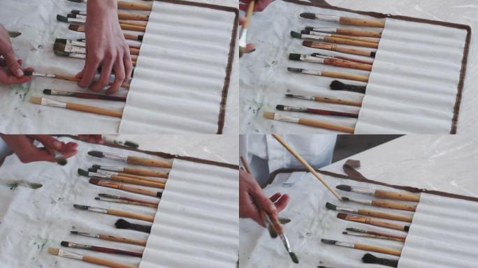 绘画集女艺术家准备过程