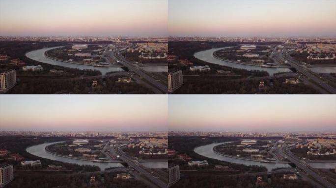 莫斯科城市景观河著名卢日尼基体育场综合空中全景4k俄罗斯