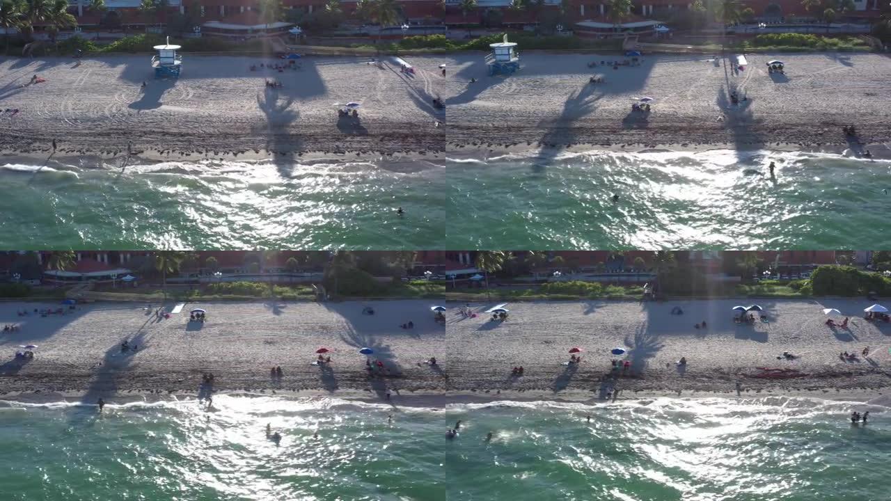阳光明媚的日子里，佛罗里达好莱坞海滩的鸟瞰图。