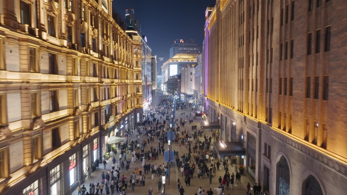 上海南京路步行街夜景航拍