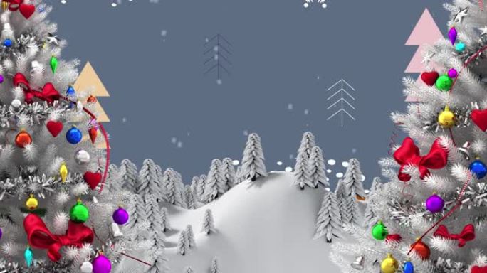 带有降雪和冬季景观装饰的圣诞树动画