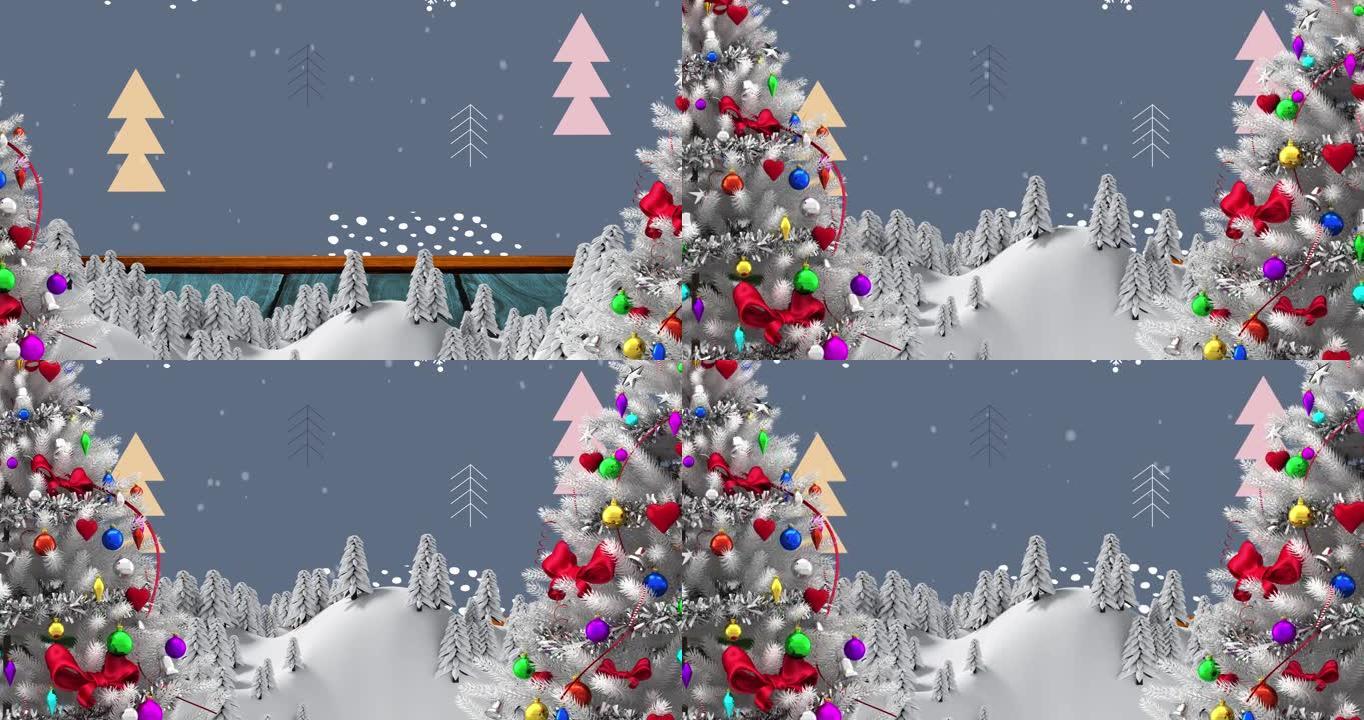 带有降雪和冬季景观装饰的圣诞树动画