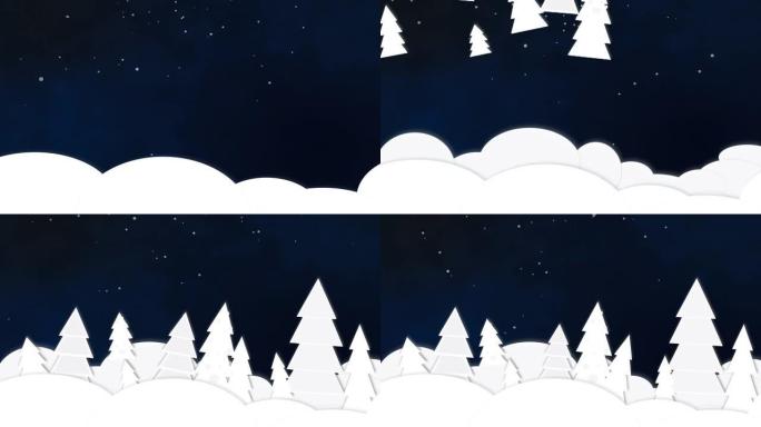 冬季背景上有圣诞树和雪花的森林中圣诞节下雪夜景的动画。