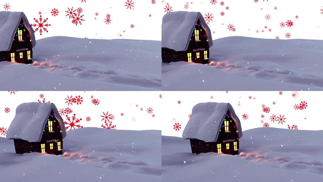 雪花落在圣诞树和房子上的动画，圣诞仙女灯冬天的风景
