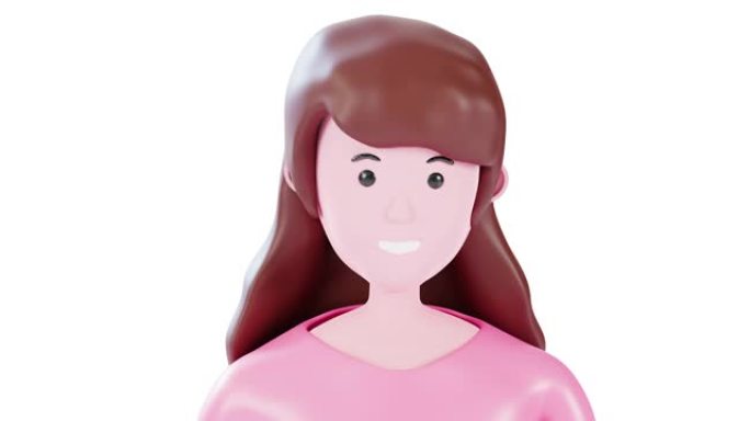 3d肖像卡通年轻女子穿粉色连衣裙。