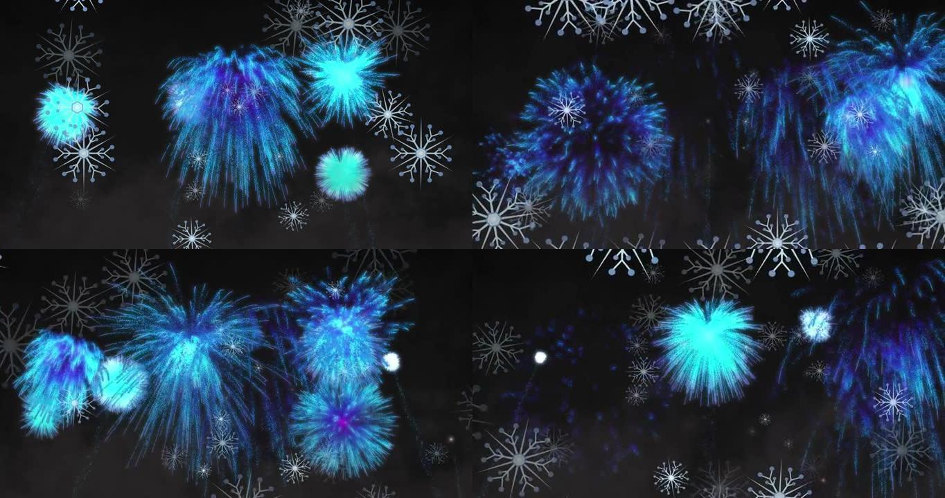 雪花和蓝色圣诞节和新年烟花在夜空中爆炸的动画