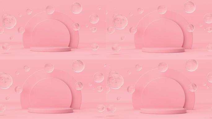 4k分辨率视频: 粉色圆柱体产品舞台基座，粉色背景上有玻璃球球体