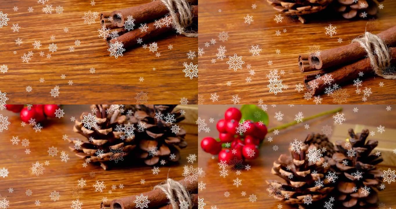 桌子上的圣诞节装饰品上飘着雪的动画
