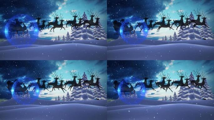 圣诞老人在雪橇上的动画，驯鹿在下雪，摆设和冬季景观上