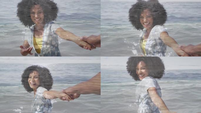 快乐的黑人夫妇在海边散步的动画