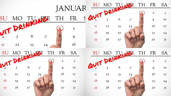 用红色字体显示戒酒动画，并指着日历上的一月一日