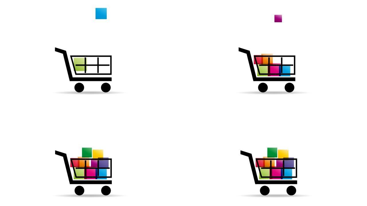 装满彩色包裹的抽象购物车。动画插图，可循环图形元素