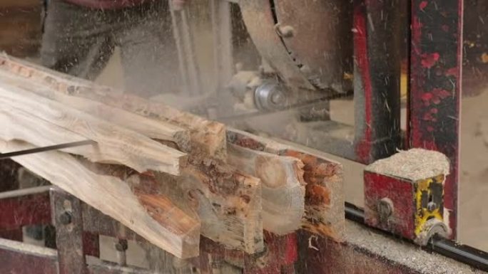 木材生产厂的锯床。在锯木厂加工和锯切木材