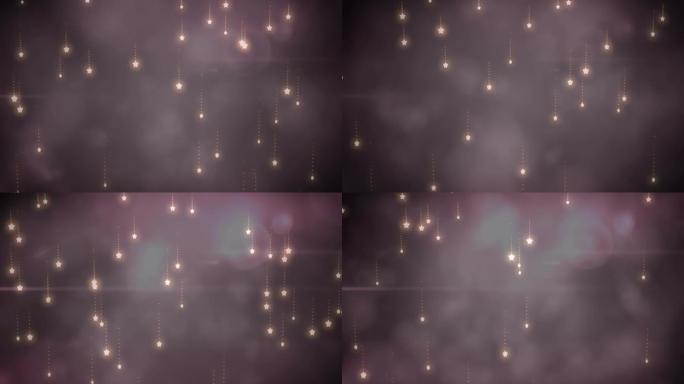 黑色背景上的圣诞节星星掉落在烟雾和散景灯上的动画
