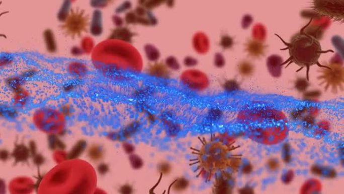 红色背景上移动细胞的蓝波动画