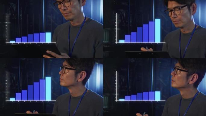 亚洲男性信息技术工程师用电脑服务器剪贴板统计动画