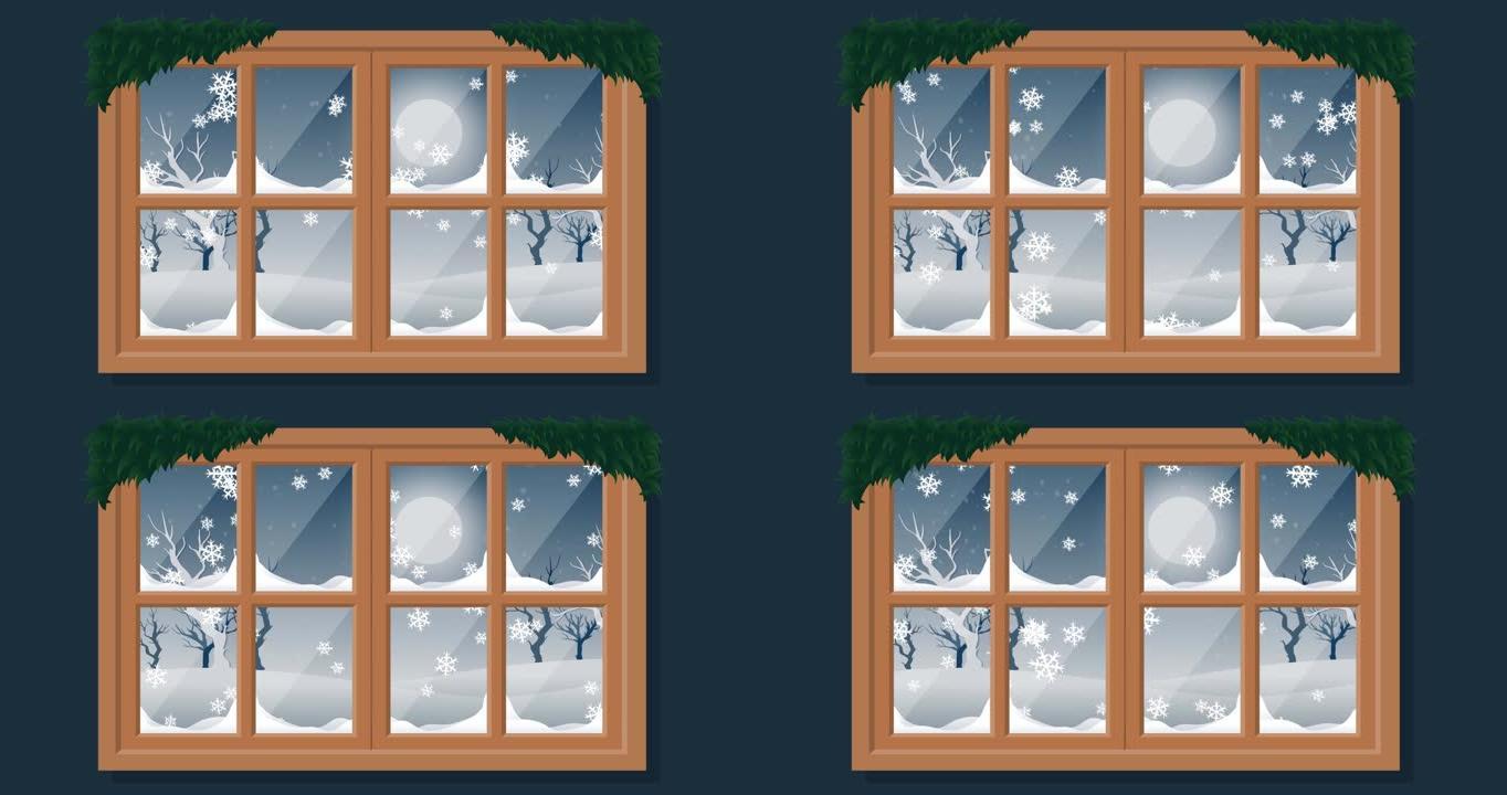 飘雪动画和圣诞夜景透过窗户