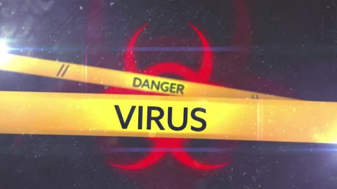 黑色背景上的警告标志上的危险病毒文本动画