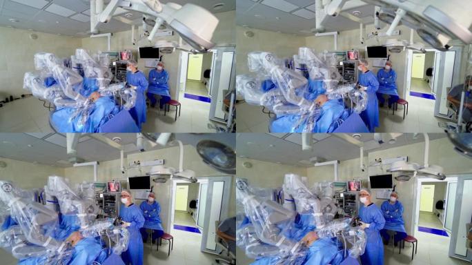 微创机器人手术。机器人手臂对患者进行外科手术
