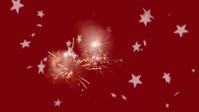 金色新年快乐文字动画，红色背景为白色星星和烟花