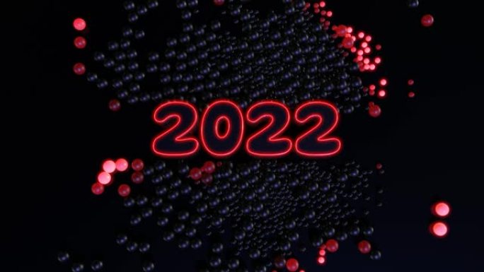 循环新年bg。数字2022和圣诞花环的球或球体散落在平面上，点亮红色并形成美丽的图案。带霓虹灯的4k